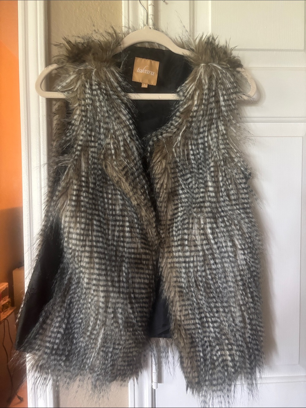 Talbots Faux Fur Herringbone Vest in Gray and Brown